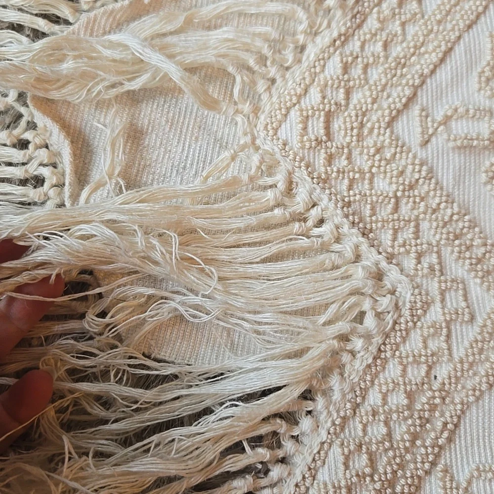 Cream Fringed Embroidered Throw Rug - Picture 6 of 10